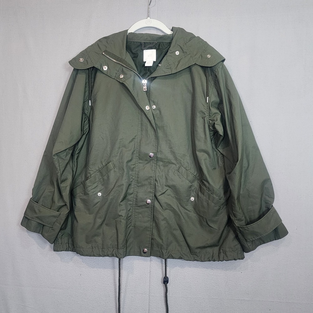 H&M Utility Jacket Olive Green Hooded Drawstring Hem Womens Size‎ 4 - Picture 2 of 8